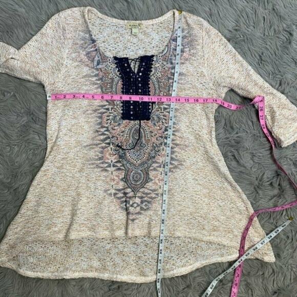 One World Live and Let Live boho Tunic Sz Medium ivory blue elbow sleeve top - Picture 7 of 10